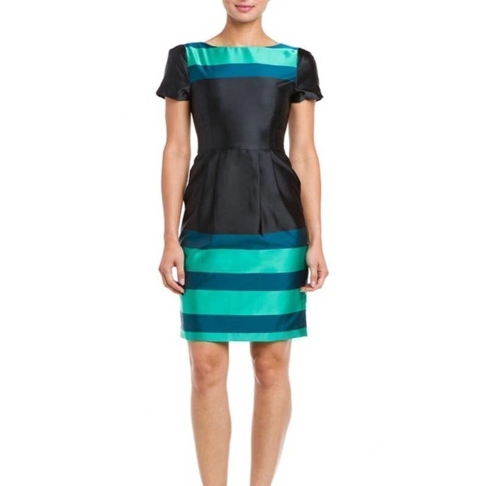 L.K. Bennett Accalia Peacock Pleated A-line Dress Short Sleeve Satin NWT Size 2